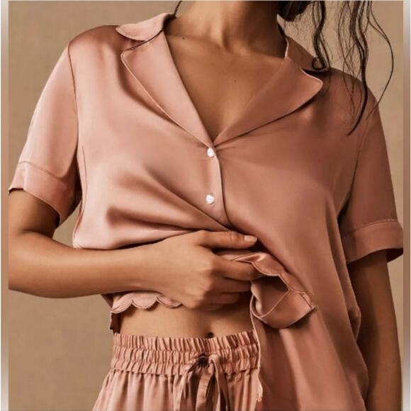 BHLDN Juniper Scalloped Heart Button Down Satin Pajama Top Shirt Blouse Small - Picture 1 of 8
